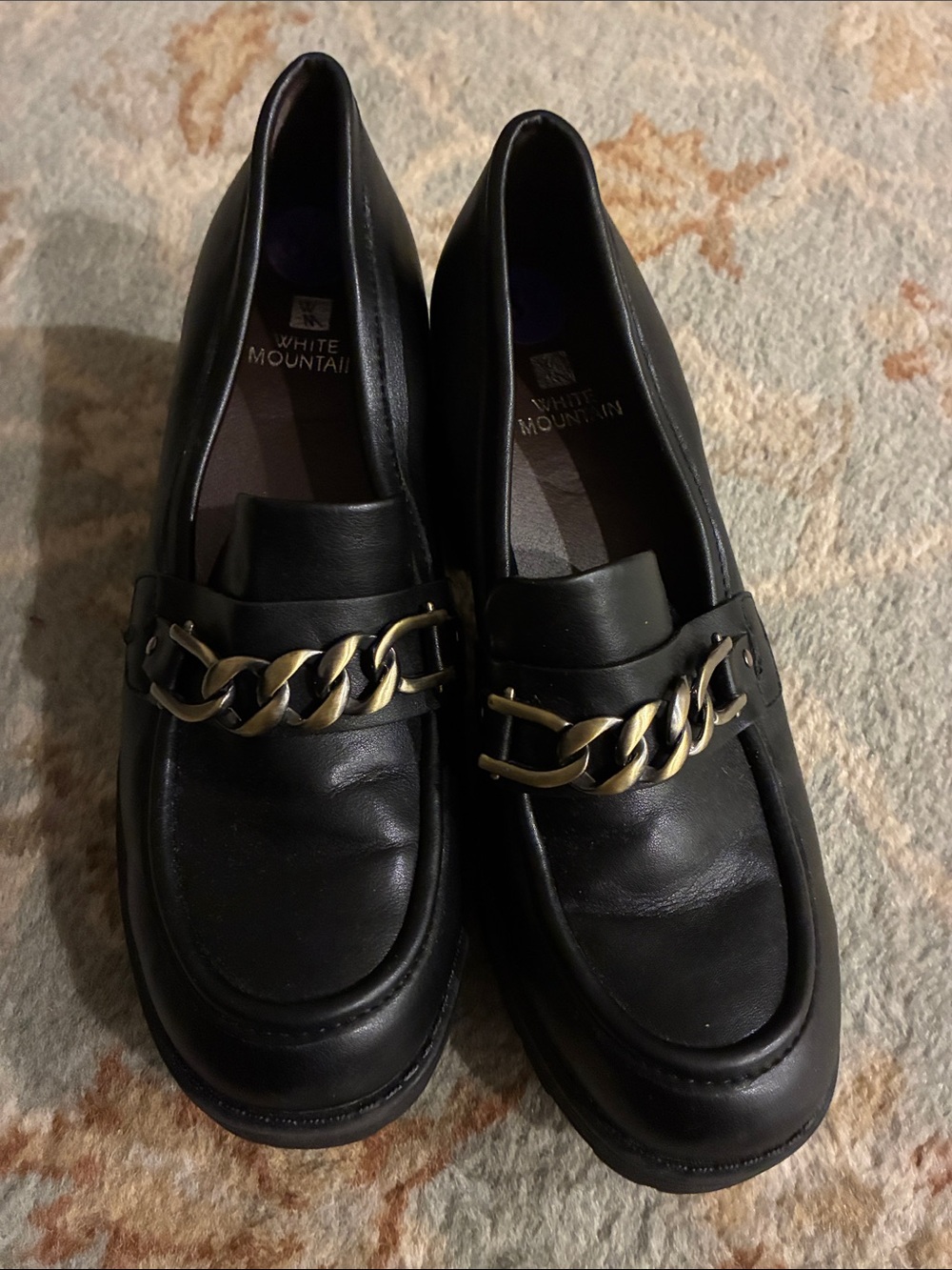 White Mountain Black Leather Loafers with Gold Chain Accent